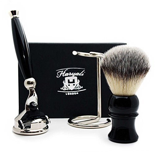 Synthetic Look Alike Badger Hair Brush, Mach 3 Head Razor, Stainless Steel Corn Shape Razor Stand & Brush Stand Idea for Boyfriend/Friend.