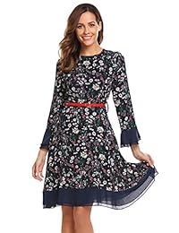 etuoji elegante de la mujer manga larga Flare Swing Swing Chifón Vestido Floral