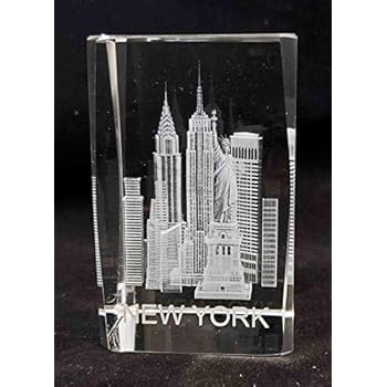 New York Souvenir NYC Skyline 3D Clear Crystal Laser Etched Glass Paperweight with Statue of Liberty Empire State Building Freedom Tower Large Size 3