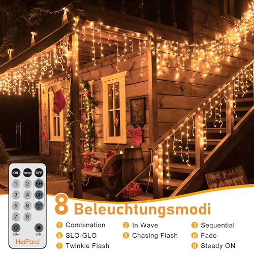 HeiPard Eisregen Lichterkette Außen 12m 486 LED Weihnachtsbeleuchtung Außen mit Stecker, 8 Leuchtmodi, Fernbedienung, Timer, Wasserdicht Lichtervorhang Aussen für Dachrinne, Geländer, Vorbau, Fenster thumbnail 3