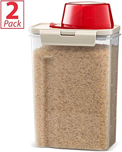 Komax Fresh Grain Set of 2 Rice Containers | 2-Quart Dry Food Storage Dispenser | Suitable for Rice, Pet Food & Grain Storage | With Lid & Measuring Scoop (1-cup) | BPA-Free & Dishwasher Safe