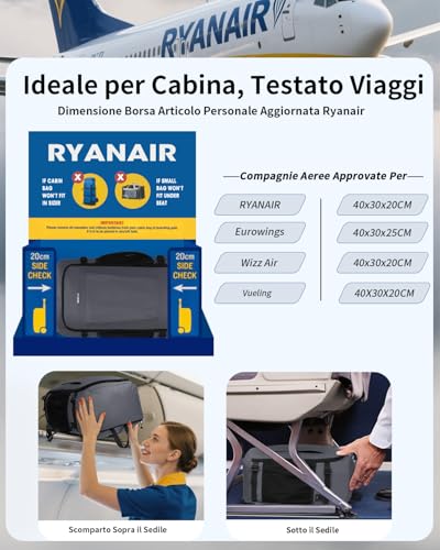 ECOHUB Zaino Ryanair 40x30x20 cm Leggero e 2 in 1, Zaino da Viaggio Pieghevole Sotto il Sedile, Bagaglio a Mano con Tasca Antifurto, Borsa da Cabina in Tessuto Riciclato per Uomo e Donna, Grigio