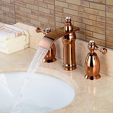 MENRYANG Contemporary Widespread Waterfall with Brass Valve Three Handles Three Holes for Rose Gold , Bathroom Sink Faucet