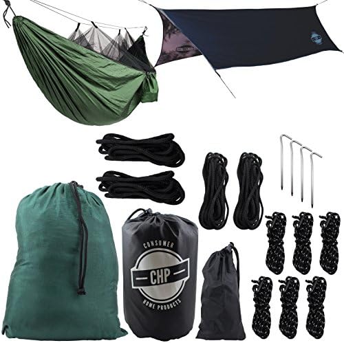 Camping Hammock with Mosquito Net, Rain Fly - CHP Premium Quality Hammock Bundle, Rain Fly and Mosquito Hammock For Insect Free Outdoor, Camping, Hiking, Travel, Beach, Sun Shade and Waterproof