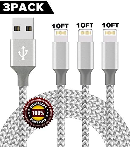BULESK Lightning Cable 3Pack 10FT Nylon Braided Certified iPhone Cable USB Cord Charging Charger for Apple iPhone X, 8, 7 Plus, 6, 6s, 6+, 5, 5c, 5s, SE, iPad, iPod Nano, iPod Touch (Grey White)