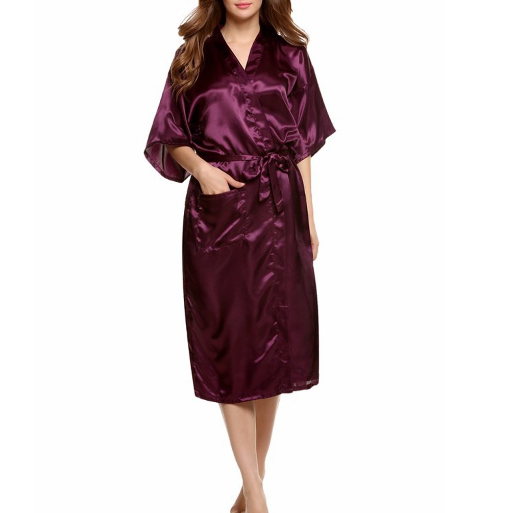 ENJOYNIGHT Women\'s Kimono Robes Satin Pure Colour Long style with Oblique V-Neck Robe (Purple, X-Large)