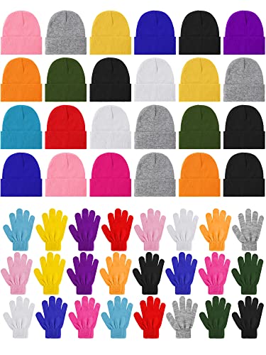 Funtery 48Pcs Kids Winter Beanie and Gloves Set Bulk Pack Knit Hat Unisex Magic Gloves Pack Winter Gift for Boy Girl Donation