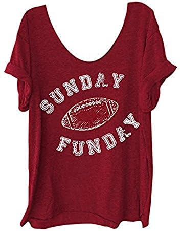 NATAY Women Funny Letter Printed Off Shoulder Sunday Funday Football T-Shirt Casual Short Sleeve Blouse (US XL/Tag XXL, Red)