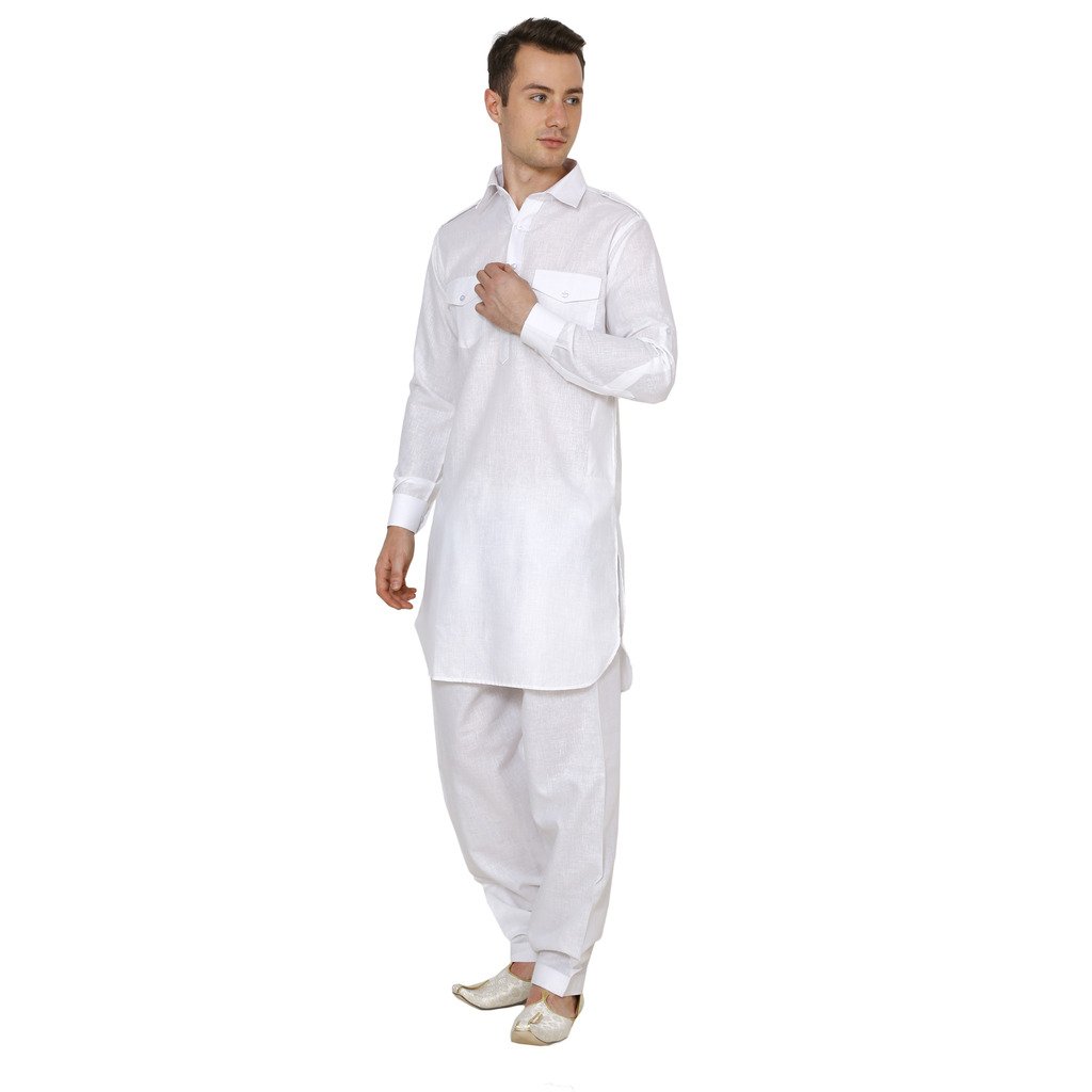 royal men's white cotton linen pathani suit set