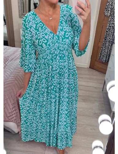 JUUCWOUT BOHEMIAN CASUAL PRINT V-NECK SHIRRED WAIST LONG DRESS, FLORAL WRAP 3/4 SLEEVE DRESS FOR WOMEN BLUE