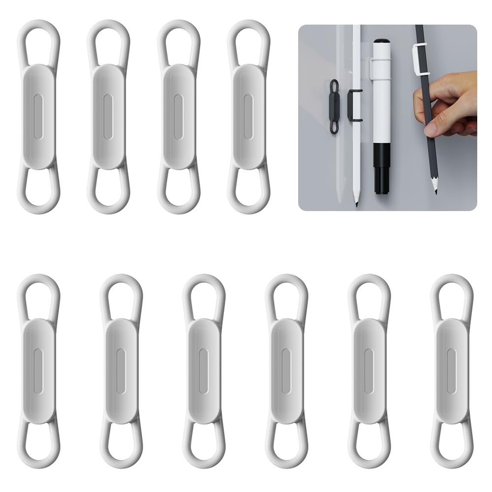 10-Pack Silicone Magnetic Pen Holder Clips - Ideal for Gel Ink Pens or Dry Erase Markers, Compatible with Desk, Refrigerator, Whiteboard, Clipboard - Includes Magnet Sheet for Wall Mounting (Gray)