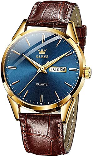 OLEVS Men Watch Brown Leather Strap Large Blue Face Analog Quartz Classic Dress Date Luminous Waterproof Gents Wrist Watch