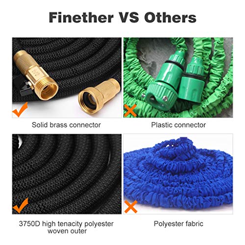 Finether Expandable Garden Hose, Retractible Watering Hose, Hose Pipe with Double Latex Core, High Density Woven Fabric, 3/4 in Brass Fittings, 8 Way Spray Nozzle, Hanger, Storage Bag, Black 50ft - Thumbnail 6