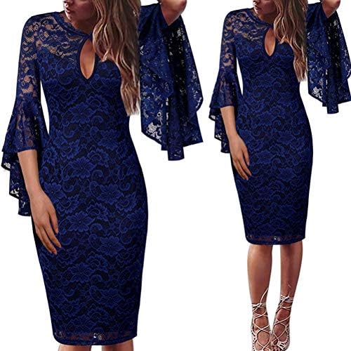 MTBDLYQ Woman'S Dress,Womens Keyhole Front Floral Lace Ruffle Flare Bell Sleeve Cocktail Wedding Party Club Slim Dress