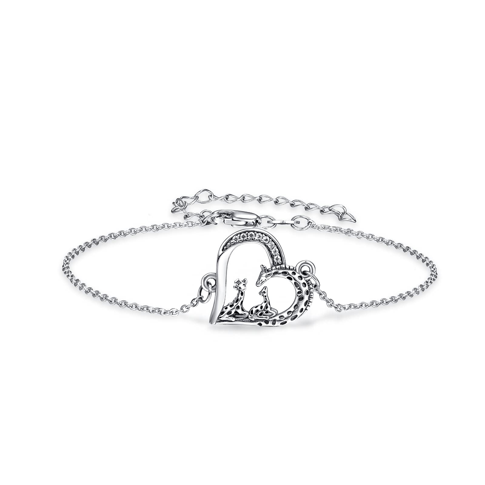 praymos Valentines Day Gifts for Her Giraffe Bracelets for Womens Girls Jewelry 925 Sterling Silver Bracelet Ladies Love Heart Bracelets Giraffe Gifts for Her Women Wife Mum