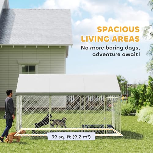 PawHut Large Dog Kennel, 13.1' x 7.5' x 7.8' Walk-in Heavy-Duty | Galvanized Steel Dog Run Chain Link, Safety Latch, Waterproof UV-Resistant Cover, Backyard Farm, Outdoor