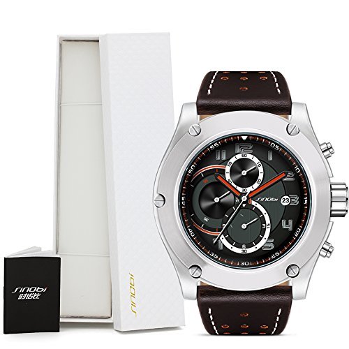 SINOBI Chronograph Mens Sport Wristwatches Leather Watchband Workable Sub-dials Date Military Watch Large
