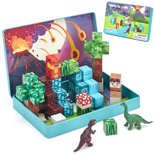 hahaland Bloques Magneticos Construccion Niños 52 Piezas, Cubos Magneticos con Temática de Bosque y Dinosaurios - Juguetes de Viaje Magnetic Blocks Construcciones Magneticas Niños para de 3 4 5 6 Años