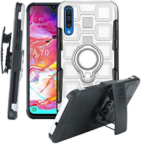 TaiY 3 in1 Protective Hybrid Cover Shockproof Rugged Phone Case 360 Full Body Kickstand Swivel Belt Clip Holster for Samsung Galaxy A70 - Silver
