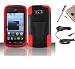 For Zte Awe N800 (Virgin Mobile) Dual Layer Tuff Armor Impact Hybrid Soft Silicone Cover Hard Plastic Case + [WORLD ACC] TM Brand Brand 1100mA Built in smart IC chip Car Charger + Silver Stylus Pen + Black Dust Cap Free Gift (Y Stand Black / Red)