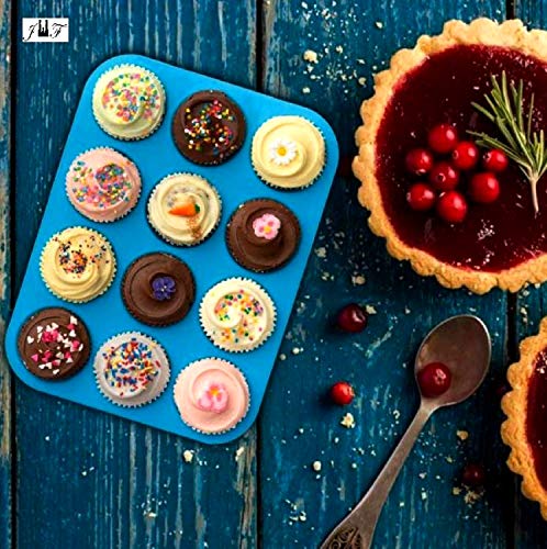 12 Cup Silicone Mini Muffins and Cupcake Baking Pan, Non-Stick Silicone Mold, Oven, Microwave, Dishwasher Safe 100% Silicon Bakeware Tin - Top Home Kitchen Rubber Tray & Mold (BLUE 2 PACK)
