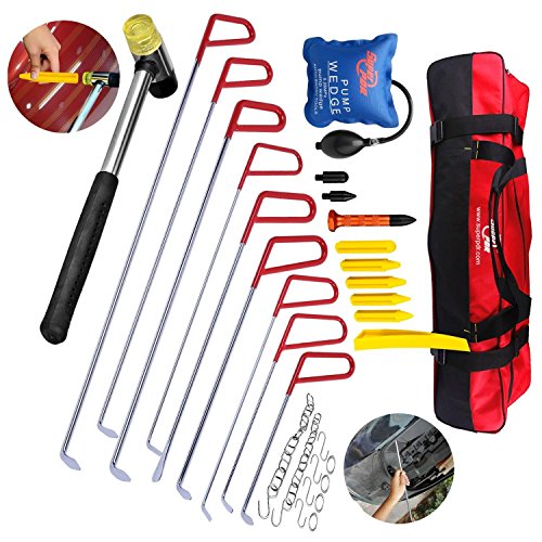 31Pcs PDR Rods Dent Puller Kits AUTOPDR Pop a Dent Auto Car Body Paintless Dent Removal Remover Repair Tools Automobile Master Hail Damage Hand Tools Door Ding Air Wedge Pump Hammer with Tool Bag