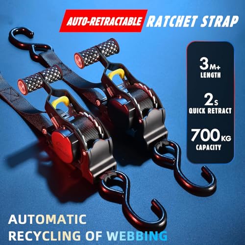 KAPEICamper Retractable Ratchet Straps 1 in x 10 ft, Secure Tie-Downs with Rubber-Coated Handles & S-Hooks, For Moving Motorcycle, Bike,Cargo,Breaking Strength 1,500Lbs (Round wheel T-handle black)