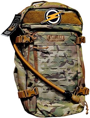 Camelbak Sparta 100oz Mil Spec CRUX and patch by First and only Retail, Army camouflage hydration backpack with 30 ltr capacity and laser cut MOLLE