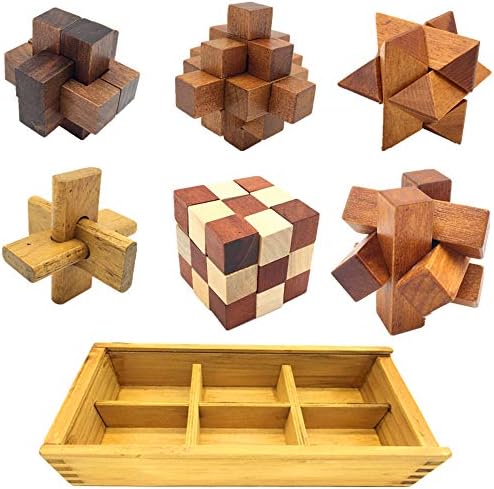 Qiandier Luxury 3D Wooden 6 in 1 Cube Brain Teaser Puzzles Lock Jigsaw IQ Challenge Educational Toy Gift for Kids and Adults