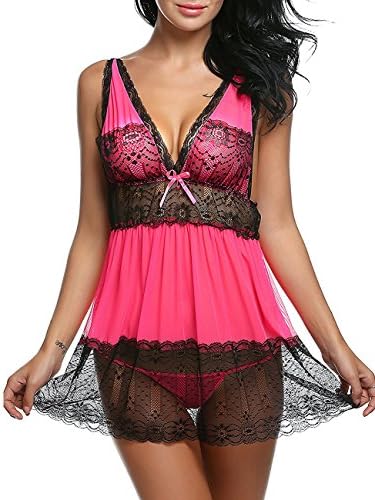 Svuencio Womens Sexy Plus Size Lace Babydoll Lingerie See-Through Mesh Pajamas Dress V-neck Sleepwear Sheer Underwear