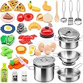 Kids Pretend Play Kitchen Accessories Set, 38Pcs Stainless Steel Play Pots Pans Sets for Kids, Toy Cookware Cooking Utensils Play Food Dish Toddler Kitchen Playset Gifts for Boys Girls