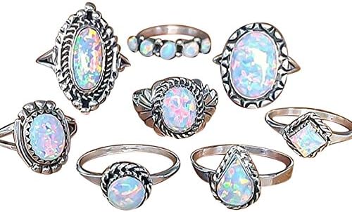 8Pcs Gold Diamond Accent Engagement Ring Set Cabochon White Simulated Opal Wedding Engagement Jewelry