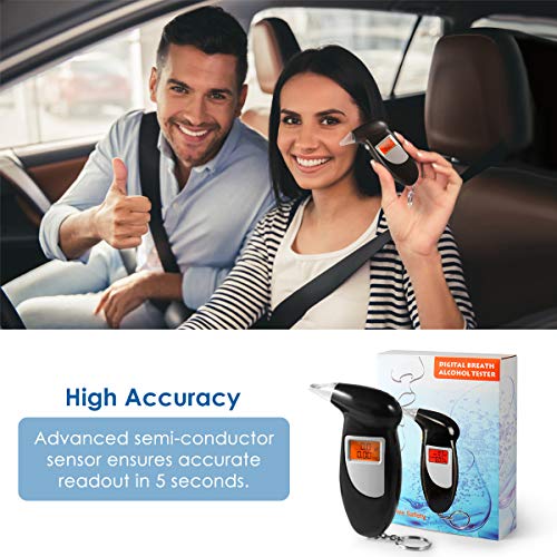 Breathalyzer, Portable Keychain Breath Alcohol Tester for Driver, Highly-Accurate Result Digital Battery Power with 5 Mini Mouthpieces