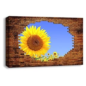 Canvas Wall Art Sunflowers View Shot Through Bricks Painting Artwork for Home Prints Framed - 12x18 inches