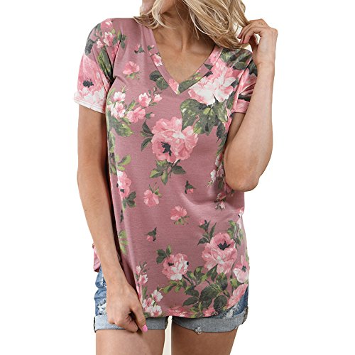 V-Neck Floral Printed Tunic Tops Flowers Patterned Casual Short Sleeve Blouse for Women (M, Pink)