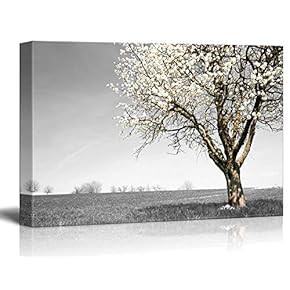 Canvas Wall Art - Tree with White Flowers on Black and White Landscape - Giclee Print Gallery Wrap Modern Home Art Ready to Hang - 12x18 inches