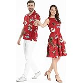 Couple Matching Hawaiian Luau Men Shirt and Women Vintage Fit and Flare Dress in Santa in Hawaii Christmas