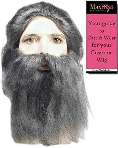 Coal Miner Wig and Beard Set Color GREY - Lacey Wigs Prospector Santa Grumpy Troll Recluse Hermit Bundle with MaxWigs Costume Wig Care Guide