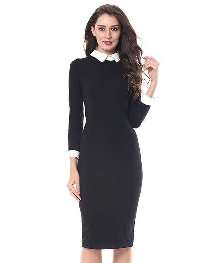 Kenancy Damen Kleid Etuikleid mit Umlegekragen Enges Langärmliges Abendkleid für Business Party Schwarz