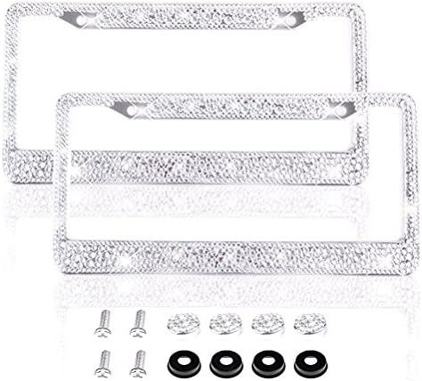 GEARANDO Bling 6 Row White Color Crystal Rhinestone License Plate Frame With Screw Caps - 2 Pack