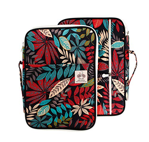 Lazyaunti Zipper Portfolio Organizer A4 Note Pouch-Waterproof Document Bags/Zipper Binder/Paper Case for 12.5" Mac,Tablet,Pens,washi Tape,Journals,Sketch Books (Black Red Leaf)