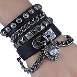 Bystar Unisex Retro Punk Rock Multi Circle Rivet Heart Chain 4-Color Genuine Leather Creative Wrap Bracelet For Men / Women