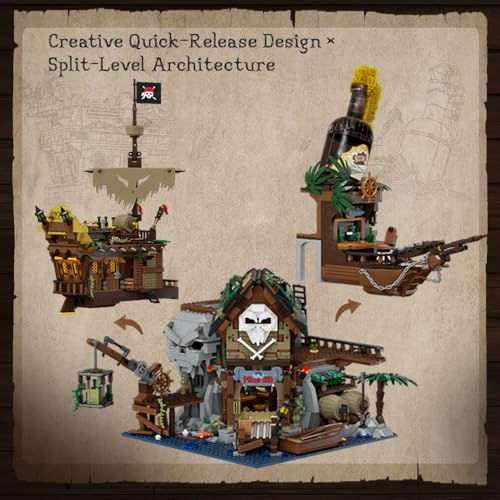 PAN TASY Pirate Tavern Building Set, Modular Wreck Architecture with Terrace Bar, Giant Rum Bottle - Adult Nautical Blocks Kit