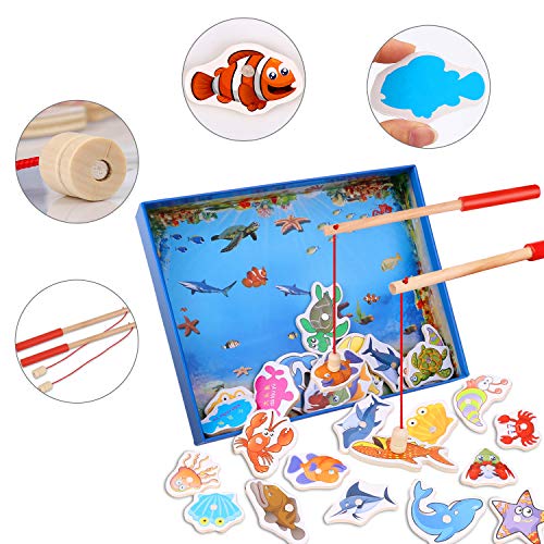 Magnetic Wooden Fishing Toy Set - Fishing Game Lets Go Fishing Toy Game 32Piece Fishes Basic Educational Development Wooden Magnetic Bath Fishing Travel Table Toy Halloween Christmas Birthday Gift for