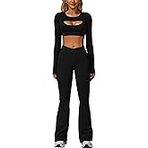 AGYMNX 2 Piece Workout Sets for Women Seamless High Waist Flare Leggings Yoga Long Sleeve Cutout Crop Tops Athletic Sets