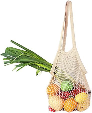 Convenient Portable Shopping Mesh Bag Cotton Net String Bags Reusable Organizer Tote Handbag Fruit Storage Grocery Shopper Woven Shoulder Ecology Produce Bags Long Handle Totes (Beige)