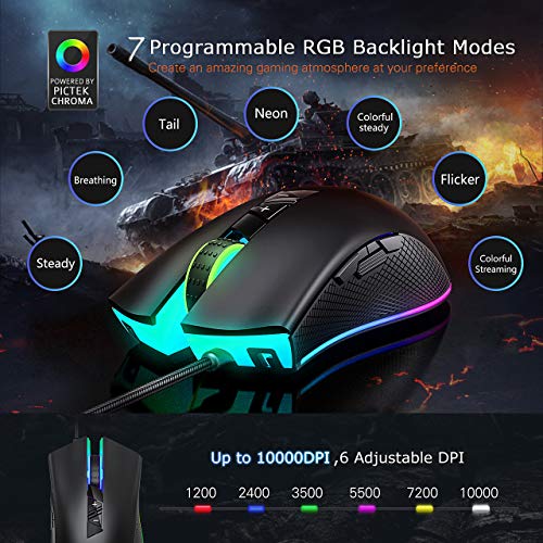 PICTEK RGB Gaming Mouse Wired - 10,000 DPI Adjustable - 8 Programmable Buttons - 7 Chroma Lighting Modes - Ergonomic USB Mice - PMW3325 with Fire Button - Laptop/PC with Long Braided Cord ï¼ˆMatt Blackï¼‰