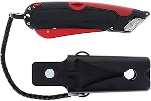 Veltec EZ-1000 Safety Box Cutter Utility Knife, 3 Blade Depth Setting, Squeeze Trigger and Dual Side Edge Guide, 2 Blades, Holster and Lanyard (Red)