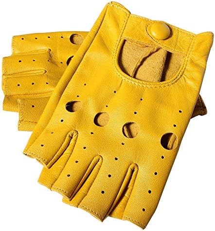 Gours Women's Genuine Leather Gloves Fingerless Motorcycle Style Driving Yellow (Large, Yellow)