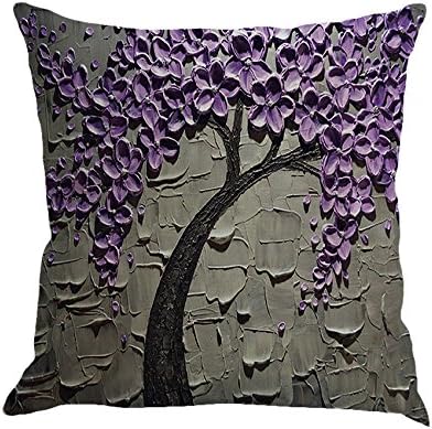 MHB Oil Painting Black Large Tree and Purple Flower Cotton Linen Throw Pillow Covers 15% Cotton and 85% Polyester Pillowcase 18 x18 Inch (Grey) …